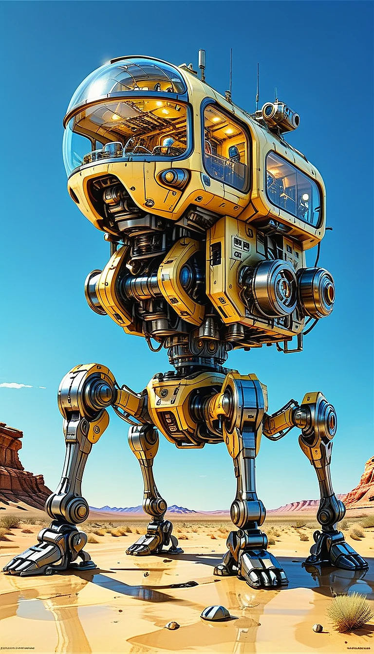 (cel-shading:2)+, (in ARTIST style:1.6), (masterpiece:1.7), hyperrealism, glossy, shinny,
clear image, accurate picture, clear picture, precise image, focused image, Science fiction style, Science fiction,
(glass and metal mecha with cozy comfy living space inside) on mechanical legs, mechanical hands, science fiction, aquarium on mechanical legs focus, night desert background, mecha, pale yellow,
comic style, (ultra sharp focus:2), (thin lines:2),
(best quality:1.8),
<lora:Apparatus_-_Traction_City_Walkers_Vehicles:0.8>,