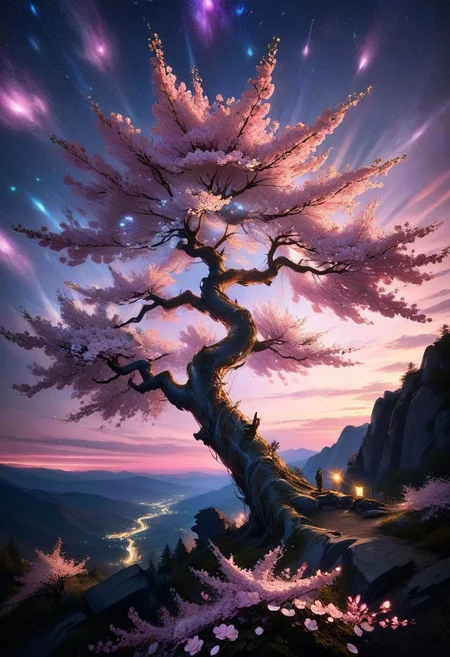 score_9, score_8_up, score_8, full color painting of lone sakura tree, over mountain edge, on the top of mountain, pink blossom, petals on the wind, far view, night time, stars in the sky, landscape, dramatic lights, sparkles around, insane details, intricate details, hyperdetailed, soft cinematic light, dim colors, exposure blend, hdr, faded
