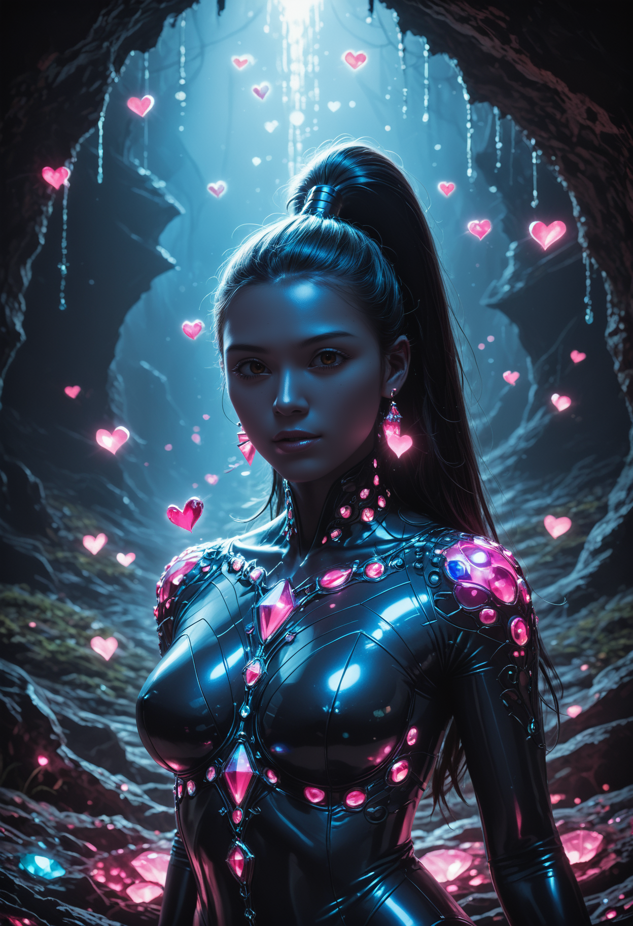 score_9,score_8_up,score_7_up, sorce_real, 8k, hd, (1 girl, brown eyes, high ponytail, bioluminescent latex suit, seij, <lora:Seij-000001:1>), cute and mischievous, black suit, purple details, neon colored glowing particles in the black skin, black skin with neon pink bioluminescence, cinematic light, looking at viewer, dark, night, mysterious atmosphere, floating hearts, beautiful  creatures, flies through a dark stalactite cave at night, bioluminescent icicles on the walls, everything is shrouded in darkness.  <lora:SDXLFaeTastic2400:0.4>, cave by Jed-Cosmos  <lora:Jed-Cosmos-sdxl:0.4>  <lora:ral-swarcrystl-sdxl:0.5> multicolored gemstones made of ral-swarcrystl