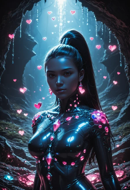 score_9,score_8_up,score_7_up, sorce_real, 8k, hd, (1 girl, brown eyes, high ponytail, bioluminescent latex suit, seij, <lora:Seij-000001:1>), cute and mischievous, black suit, purple details, neon colored glowing particles in the black skin, black skin with neon pink bioluminescence, cinematic light, looking at viewer, dark, night, mysterious atmosphere, floating hearts, beautiful creatures, flies through a dark stalactite cave at night, bioluminescent icicles on the walls, everything is shrouded in darkness. <lora:SDXLFaeTastic2400:0.4>, cave by Jed-Cosmos <lora:Jed-Cosmos-sdxl:0.4> <lora:ral-swarcrystl-sdxl:0.5> multicolored gemstones made of ral-swarcrystl