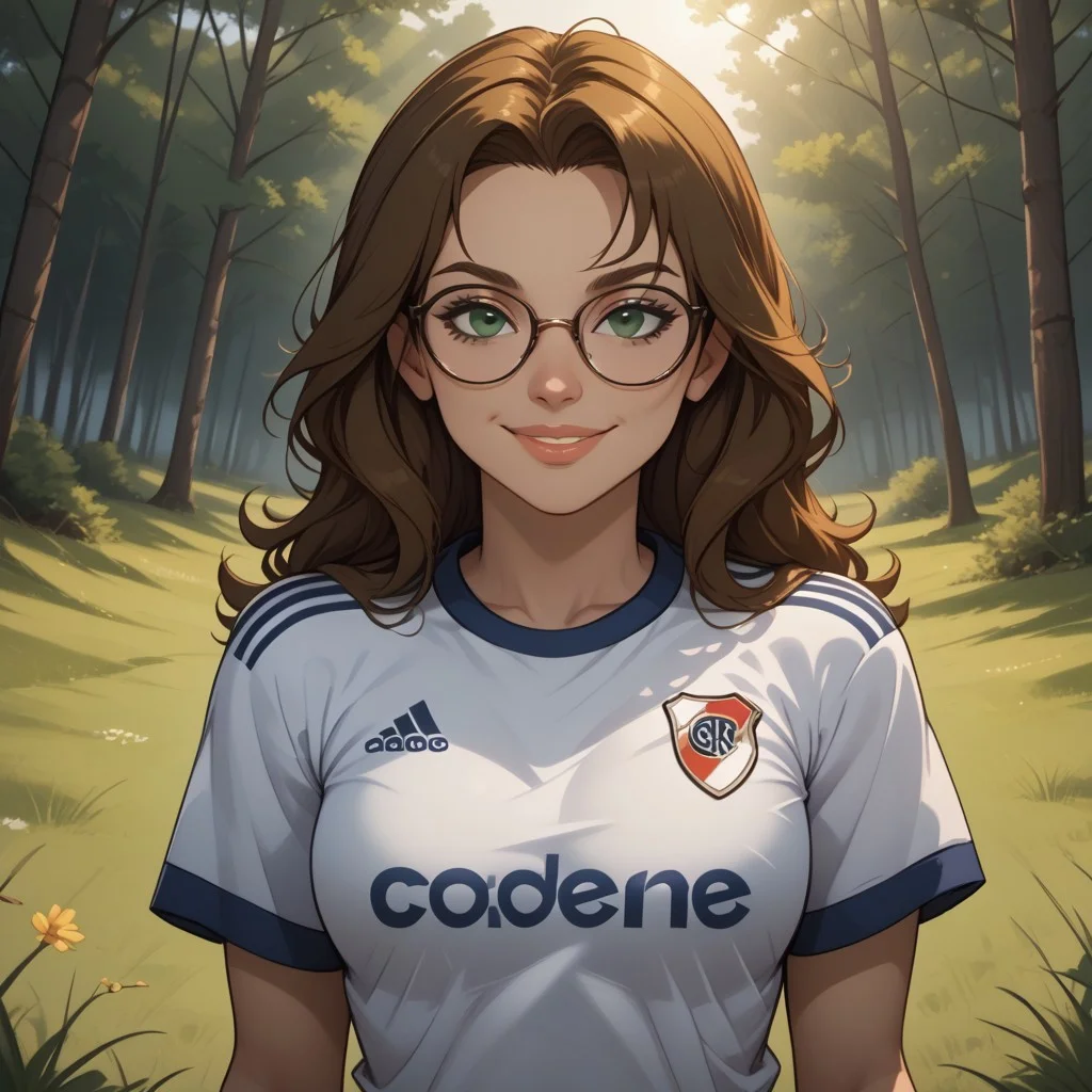 score_9, score_8, BREAK, solo, brown hair, dark green eyes, glasses, lips, RiverPlate, striped shirt, striped, shirt, white shirt, short sleeves, clothes writing, sportswear, soccer uniform, breasts, Ally_(Disventure_Camp), cute, sexy pose, self portrait, smile, looking at viewer, outdoors, sunlight, shadows, evening lighting, natural lighting, forest, trees, grass, orange sky, sunset