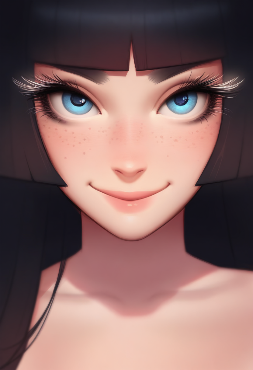 Masterpiece \(quality\), best quality, 
1girl, smile, blue eyes, hime hair cut, eye lashes, freckles, 

BBGv2, 
