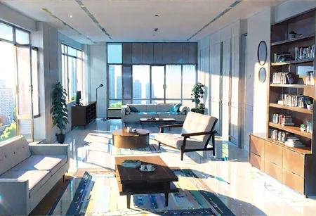 ((front view)), (very close shot), Shallow scene, ((animation style)), A room with wide sides and narrow front and back, modern-style interior, with white walls, (large windows), a  study, Sofa, coffee table, bookcase, single wall, 
warm light morning sun, (((City high-rise building scenery))), (clear sky)