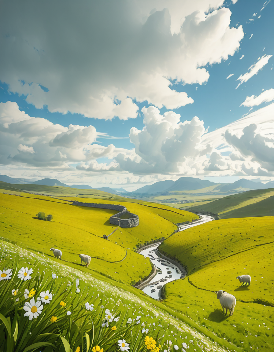 A breathtaking, high-resolution photograph of the rolling plains of Ireland, stretching endlessly under a vast, cloud-streaked sky. The landscape is a lush, vibrant green, with gentle hills covered in soft grass and dotted with scattered wildflowers. Ancient stone walls and winding dirt paths cut through the fields, marking old farmland boundaries. In the distance, a few solitary sheep graze peacefully, their white wool contrasting against the emerald grass. A small, clear river meanders through the valley, reflecting the soft light of the sky. The horizon is framed by low, misty mountains, adding depth and mystery to the scene. Above, the sky is a mix of bright blue and fluffy white clouds, casting dynamic shadows across the landscape as beams of sunlight break through. The atmosphere is serene, timeless, and rich with the natural beauty of the Irish countryside.
<lora:SDXLFaeTastic2400:0.4> <lora:extremely_detailed:0.4> extremely detailed,rolling plains of 1r3l4nd, <lora:rolling_plains_of_1r3l4nd-i:1>, Masterpiece,best quality,hi res,8k,hi res,8k,award winning,(sharp focus, intricate, highly detailed),