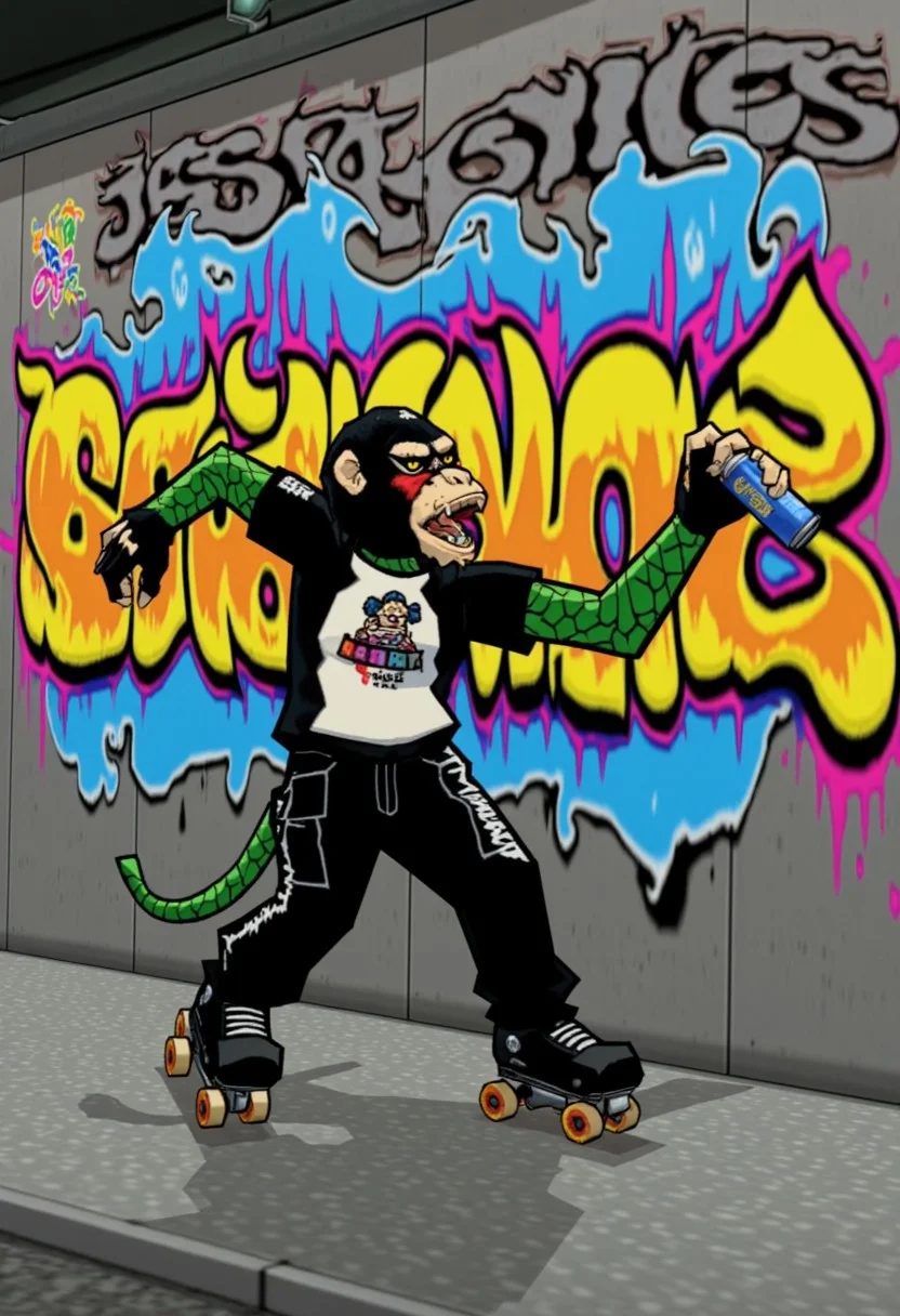 jsrstyle, a punk, anthro monkey man with furry body, body covered in green scales, wearing tshirt and leather pants, on rollerblades, graffitiing the logo for "Jet Set Radio Style" on a wall with spray paint