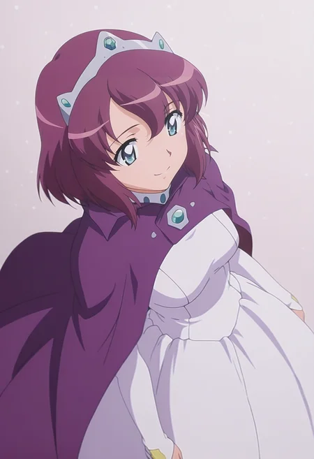 masterpiece, best quality, amazing quality, anime screencap, anime coloring, 1girl, solo,  <lora:DX888Henrietta:1> henrietta de tristain, blue eyes, purple hair, short hair,tiara,  purple cape, white dress, BREAK grey background, dotted background,  (simple background:1.2) BREAK  (dynamic pose:1.2),  dutch angle, from above,