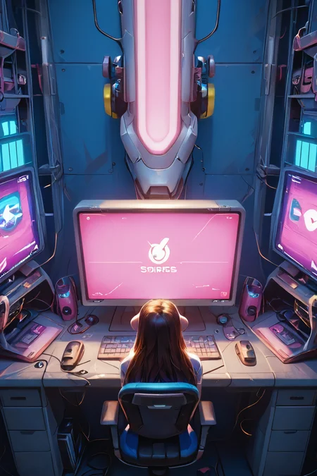 score_9,score_8_up,score_7_up,
1girl,back view,immersive gaming atmosphere,intense focus,gaming setup,colorful lighting,esports room,dynamic composition,high detail,
Display text: Sorry,maintenance,
Sophisticated wiring,cool acoustics,
<lora:add-detail-xl:0.8>,<lora:HanaSongDVA:0.8>,d.va,<lora:CyberPunkAIp:0.8>,tights,science fiction,future technology,e-sports chair,e-sports chair with backrest,curved screen display,large screen,science and technology sense computer host,light sensing ground,rich in details,host power light,glowing,science and technology sense shoes,from_above,cowboy_shot,standing_split,_leg_up,leaning_forward,mouse,