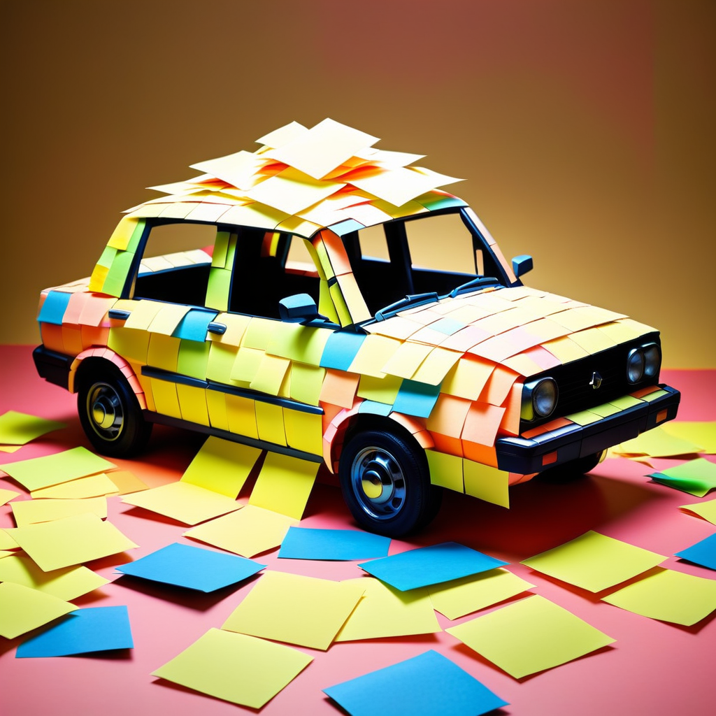 a car made out of Jed-StickyN  <lora:StickyNotesStyle-000007:0.7>