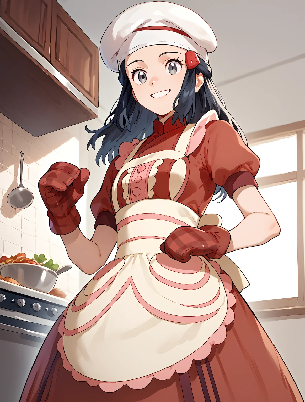 Pretending to hold a heavy box, From Below, solo, 1girl, smile, Kitchen, <lora:DawnPony:1> Dawn_Valentin, medium hair, black hair, grey eyes, hair ornament, chef hat, white apron, buttons, red dress, short sleeves, red mittens, red footwear,, score_9, score_8_up, score_7_up,