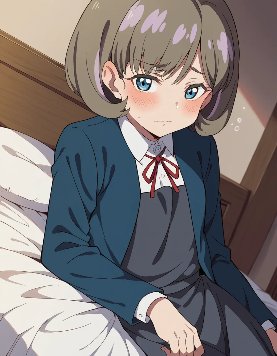 score_9, score_8_up, score_7_up, source_anime, <lora:keke-tang-s2-ponyxl-lora-nochekaiser:1>, keke tang, short hair, blue eyes, grey hair, multicolored hair, streaked hair,, shirt, dress, ribbon, school uniform, jacket, white shirt, open clothes, collared shirt, open jacket, red ribbon, neck ribbon, blue jacket, pinafore dress, grey dress, yuigaoka school uniform,, indoors, bed, bed room, on side, blush, drunk, looking at viewer, solo,, cowboy shot, dutch angle