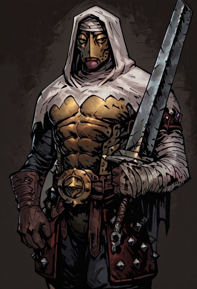 masterpiece, best quality, newest, absurdres, highres, TTCSV1.0,
1boy, DDLEP-V1.0, armor, mask, metal mask, golden mask, gloves, brown gloves, bandages, hood, hood up, abs, holding, holding sword, sword, weapon, holding weapon,