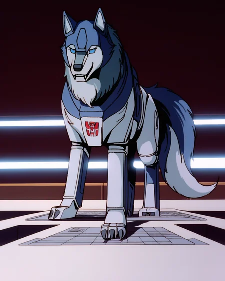 blue eyes, robot Wolf , Blue Wolf,  tail, wolf tail, feral, blue and white body,  transforms into a cassette tape, [animation:transformers:0.44] score_9_up <lora:Transformers 86 FT:1>