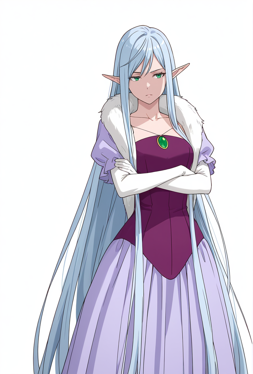 Smooth Quality,masterpiece,very intricate, high quality details, ultra realistic, high detailed skin,detailed enviorement,absurdres,
simple background, white background, 
,exhausted,standing, arms crossed, head tilt, serious, balanced stance, confident,  ,
 <lora:El-Ru_Sarion_Elmesia_cnn:0.8>elmesiacnn,1girl, green eyes, pointy ears, blue hair, very long hair,
purple dress,white gloves, elbow gloves,fur trim,