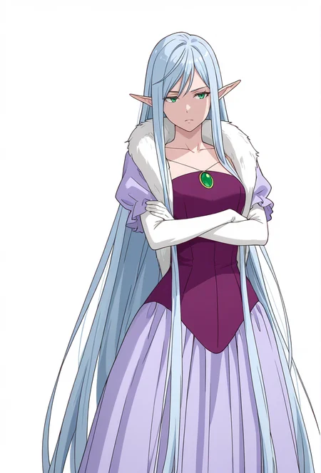 Smooth Quality,masterpiece,very intricate, high quality details, ultra realistic, high detailed skin,detailed enviorement,absurdres,
simple background, white background, 
,exhausted,standing, arms crossed, head tilt, serious, balanced stance, confident,  ,
 <lora:El-Ru_Sarion_Elmesia_cnn:0.8>elmesiacnn,1girl, green eyes, pointy ears, blue hair, very long hair,
purple dress,white gloves, elbow gloves,fur trim,