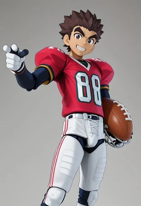 figma, figure anime style, PVC, Yaoi figure PVC, PVC boy, PVC texture, male, High Quality, perfect anatomy, HD, anime style, break
TAROU RAIMON, 1boy, solo, alone, brown hair, thick eyebrows, dark brown eyes, athletic build, smiling, posing, looking at viewer, football uniform, tight uniform, red and white uniform,