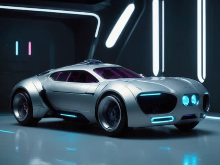 bbuk_style <lora:PureDarkness_RetroSciFi-000060:0.9> a futuristic roadster car parked in a large empty hall with white neon lights, darkness, masterpiece, realistic