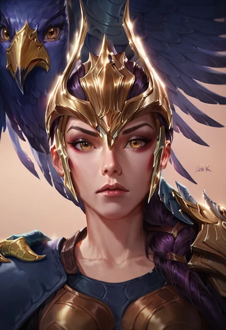score_9, score_8_up, beautiful, gorgeous, pretty, perfect, masterpiece, high detail, (1 girl:2), (detailed face:1.8), (face focus:1.5), (zoom in:1.4), league of legends, league_of_legends, Quinn, golden eyes, brown hair, dark purple hair, golden helmet, leather armor, golden shoulder, crossbow, (hawk on shoulder:1.8) <lora:Classic_Quinn_PonyXL_LoL:0.8>
