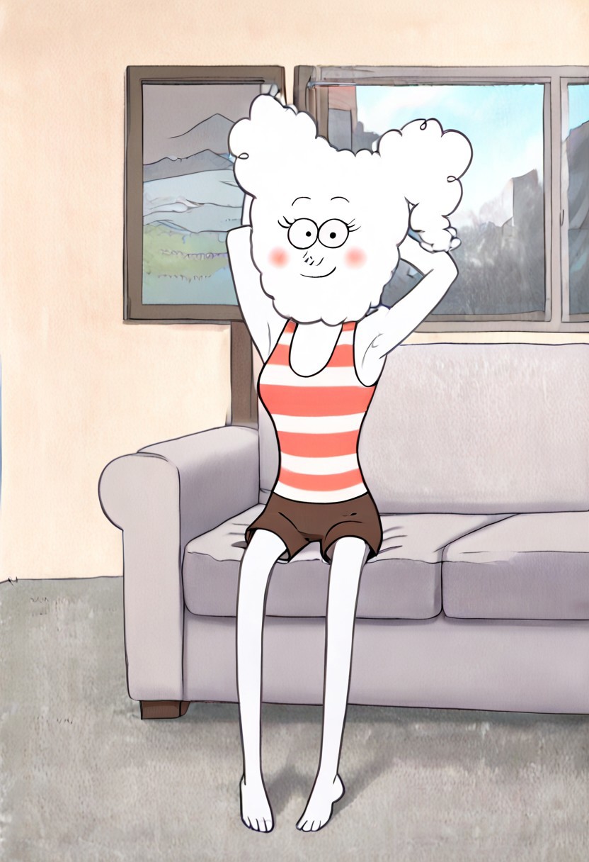 score_9, score_8_up, score_8,  <lora:CJ_Regular_Show:1> white hair, 1girl, white skin, CJ, black eyes, white skin, solo, tank top, brown shorts, living room, sitting on couch, smile, looking at viewer, blush, window, stretching arms, armpits,