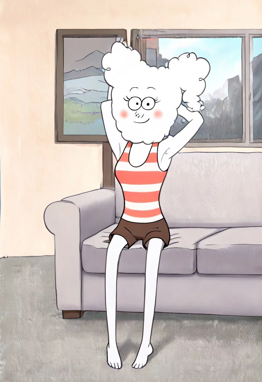 score_9, score_8_up, score_8,  <lora:CJ_Regular_Show:1> white hair, 1girl, white skin, CJ, black eyes, white skin, solo, tank top, brown shorts, living room, sitting on couch, smile, looking at viewer, blush, window, stretching arms, armpits,