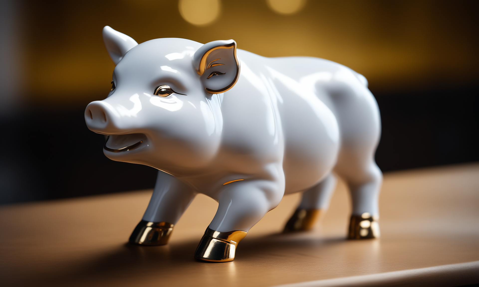 cinematic film still <lora:pcporcelaincd_xl-000006:0.7>,a handmade model toy of a boar made of (pcporcelaincd_xl,porcelain,white theme,gold lacquer,shiny:1.3) in office,no humans,long-focus,tilt-shift,indoors,full body,chinese zodiac,wooden table,cutie,cute,still life,animal statue,front view,facing viewer,looking at viewer . shallow depth of field, vignette, highly detailed, high budget, bokeh, cinemascope, moody, epic, gorgeous, film grain, grainy, 8K, HDR, UHD, masterpiece, best quality, highly detailed, high resolution, finely detail, extremely detailed, ultra detailed, wallpaper