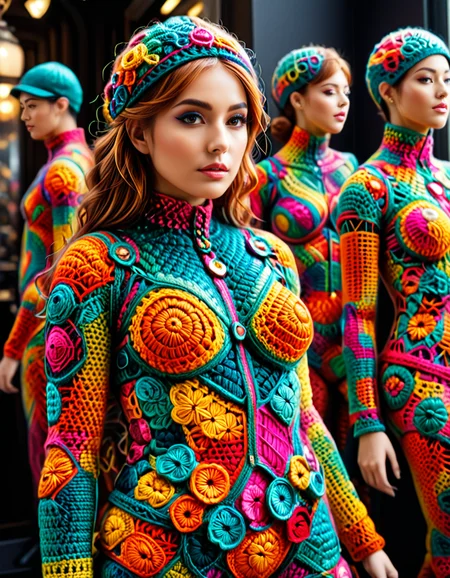 Life-sized humanoid mannequins entirely covered in crocheted skin textures, irregular seams revealing multicolored crocheted organs underneath; hyperrealistic textures using latex and silicone; surreal, unsettling yet captivating; contrasting artificiality and organic forms; intricate, vibrant details; haunting yet thought-provoking. <lora:SDXLFaeTastic2400:0.4> <lora:extremely_detailed:0.4> extremely detailed, <lora:cr0ch3t3d:1>,cr0ch3t3d, Masterpiece,best quality,hi res,8k,hi res,8k,award winning,(sharp focus, intricate, highly detailed),