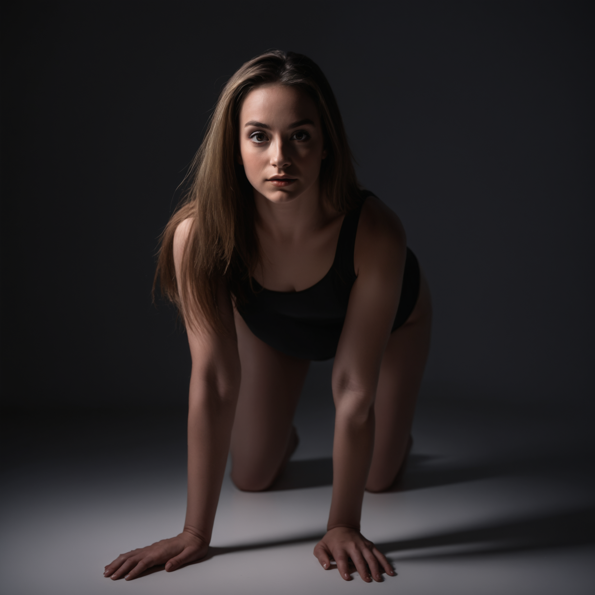 dark photo of a beautiful woman, all fours, rim lighting, high contrast, leotard, looking at viewer, brown eyes, long hair