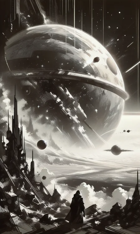 monochrome, sketch, detailed, realistic, drawing, side view, fantasy, space theme<lora:- iLL - the_edgy_mech_V2.0-step000013500:.6>, <lora:Far_Future_Sketch_Illustrious__Pony:1>, <lora:- iLL - sharpdtls_lightatmo_V1.0-step00002500:1>