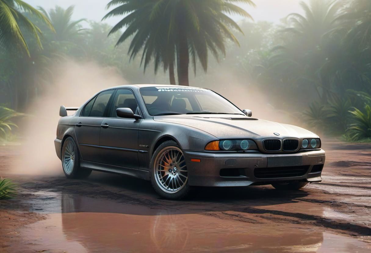 BMW e39 3, scratches, rainbow dust, fog, dirt, very beautiful, car on the island, by the fire, against the backdrop of a palm tree, the car is covered in mud and creaks, water on the ground, 3d rendering, cyberpunk, car with an American sports cars, street racing, perfect image, vibrations, game asset , symmetrical, tuner, modified car, wide body, tram, street racing, 4k, modding culture, photorealistic, high detail, game ready, other car racing, city life
