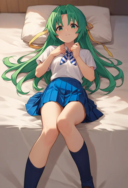 score_9, score_8_up, score_7_up, source_anime,   <lora:ShionCame-000007:1> sonozaki shion, green hair, long hair, green eyes, yellow ribbon, white shirt, blue necktie, pleated skirt, black kneehighs, on back, bed, feet,