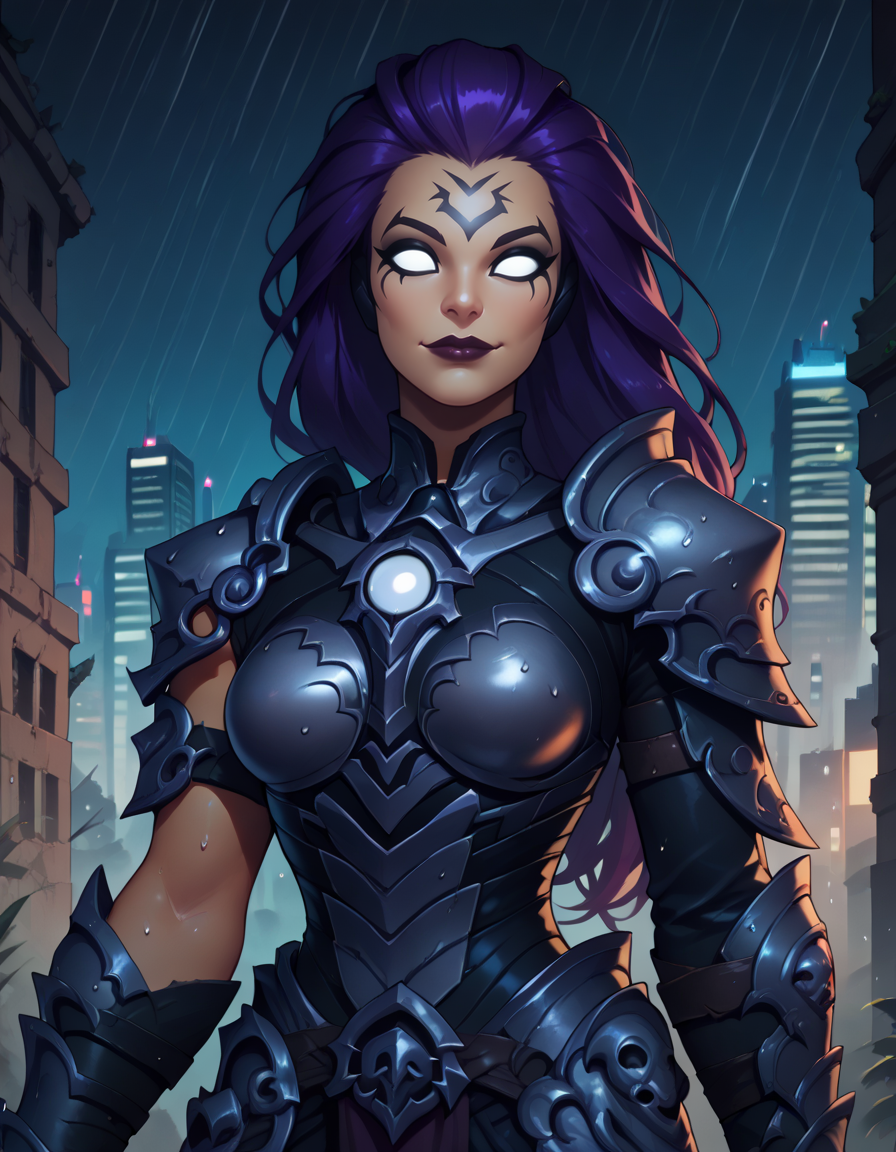 score_9, score_8_up, score_7_up,
1girl, solo,
FuryDG,
purple hair, no pupils, white eyes, facial tattoo, lipstick, long hair,
armor,  gauntlets, shoulder armor, armored boots, gorget,
smile, closed mouth, 
ruins, city, night, rain,
 <lora:Fury DG PXL v01:1>