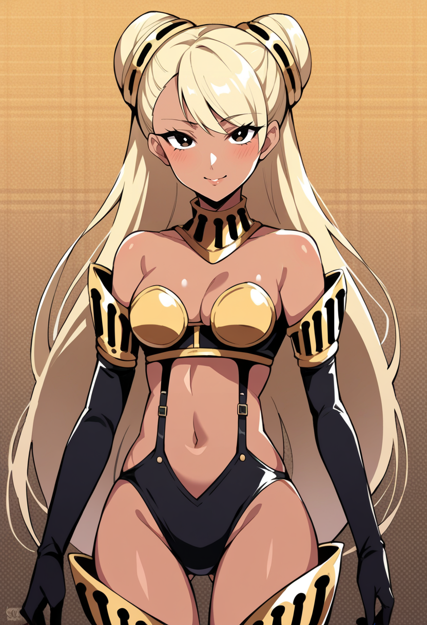 score_9, score_8_up, score_7_up, source_anime BREAK 1girl, solo,   <lora:zs_HighCutArmourXL:1> p3highcut, bikini armor, black elbow gloves, thigh boots, navel, cleavage, cowboy shot, seductive smile, blush, 
pattern background, looking at viewer
 <lora:zs_OkyannXL:1> okyannp5x, dark skinned female, brown skin, blonde hair, double bun, very long hair,