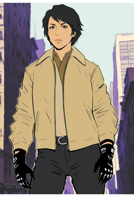 Anime style illustration of a Hispanic woman with short black hair wearing a beige jacket and black pants,gloves, upper body, Taliana,portrait,in city,1970s anime style,<lora:TalianaMartinezXLV2:0.75>