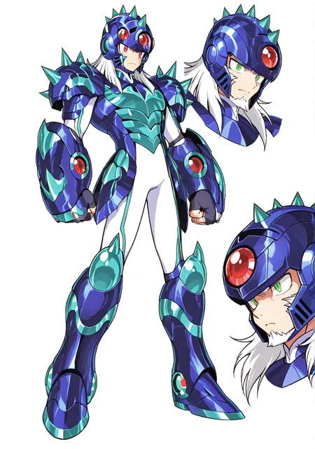 SSTHR, XOVER, robot armor, 1boy, male focus, toned male, medium hair, white hair, beard, green eyes, blunt cut, (phecd helmet, red eyes), chin guard, teal spikes, phecd armor, fingerless gauntlets, thighhigh greaves, white bodysuit
masterpiece, best quality, amazing quality