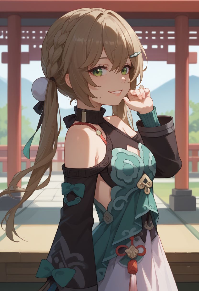 score_9, score_8_up, score_7_up, source_anime, 1girl, qingquedef, green eyes, brown hair, long hair, twintails, braid, hair ornament, hairclip, small breasts, bare shoulders, shoulder cutout, clothing cutout, turtleneck, dress, long sleeves, skirt, tassel, standing, smile, looking at viewer, indoors, shrine, close-up, facing viewer, hands on hips, upper body, from behind, looking back, <lora:Qingque_v1-000010:1>