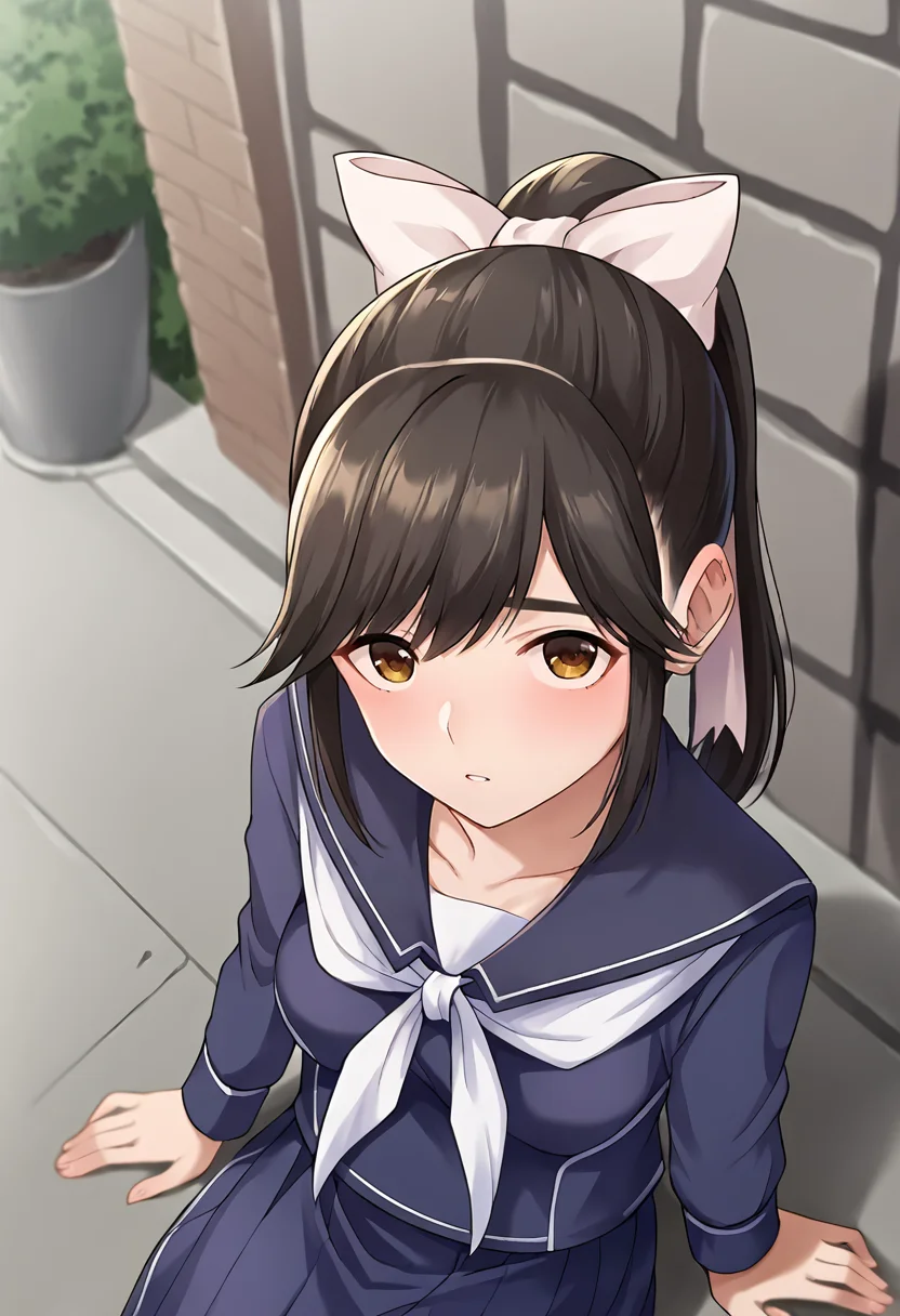 score_9, score_8_up, score_7_up, masterpiece, source_anime 1girl, ct_m4na, long hair, ponytail, hair bow, blue serafuku, blue sailor collar, white neckerchief, long sleeves, blue skirt, outdoors, city, depth of field, looking at viewer, cowboy shot, sitting, from above, looking up, <lora:Manaka Takane_Pony_ct_ver2:1>