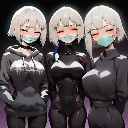 charturnerv2, score_9, score_8_up, score_7_up, source_anime BREAK 1girl, multiple views, before and after, leotard, looking at viewer, acidic splash dark background, uzaki tsuki, grey hair, noodle short hair, closed eyes, standing, large breasts, perky breasts, great cleavage, smile, blush, pasties, choker, hands in pockets, hoodie, 2koma, thighhighs, elbow gloves, reverse outfit, arms behind back, motherly side plait, ((surgical mask)), amazing design character, blazing hoodie, 3DMM, g0th1c, glowing, neon lights, glowing eyes, BSDBN, sinozick style