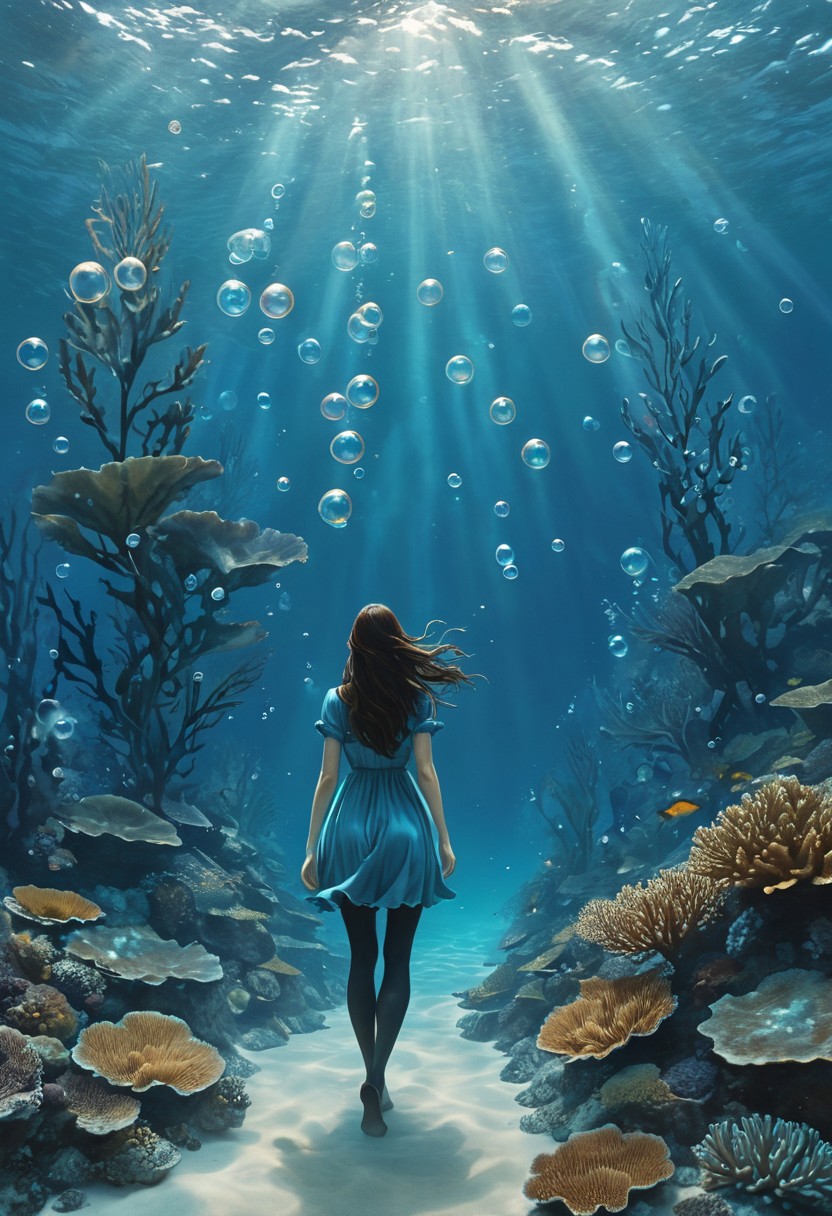 (water-colored), illustration, style of Jessica Galbreth,
(far view, far shot, rear view, facing away:1.3),
(Alice, very long dark brown hair,  hair rim lighting, hair in the wind, blue maid dress with short sleeves, black tights, black shoes:1.5), 
fog, dreamy, dream, coral, fish, sea weed
(walking, under water, bubbles, coral, giant fishes, giant sea weed:2)