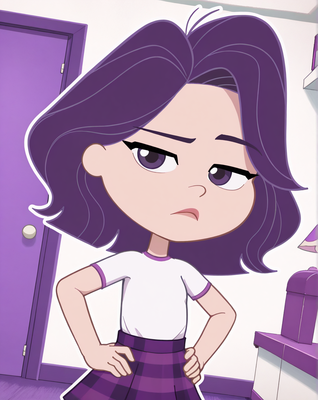 Sour_Grapes, 1girl, solo, purple hair, purple eyes, white t-shirt, short-sleeved t-shirt, purple plaid skirt, pastel purple tights, violet flats, (Bored, dutch angle, Hands on hips,naughty pose, looking at viewer, indoors, elegant room, solo, dynamic pose, full_body, head tilt,),((white background, White frame, white outline))