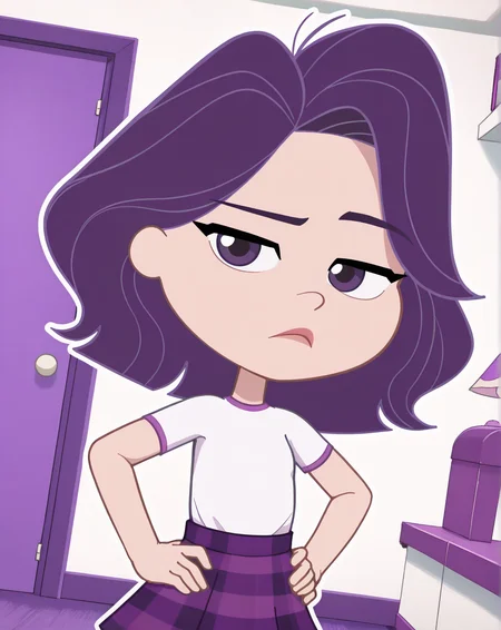 Sour_Grapes, 1girl, solo, purple hair, purple eyes, white t-shirt, short-sleeved t-shirt, purple plaid skirt, pastel purple tights, violet flats, (Bored, dutch angle, Hands on hips,naughty pose, looking at viewer, indoors, elegant room, solo, dynamic pose, full_body, head tilt,),((white background, White frame, white outline))
