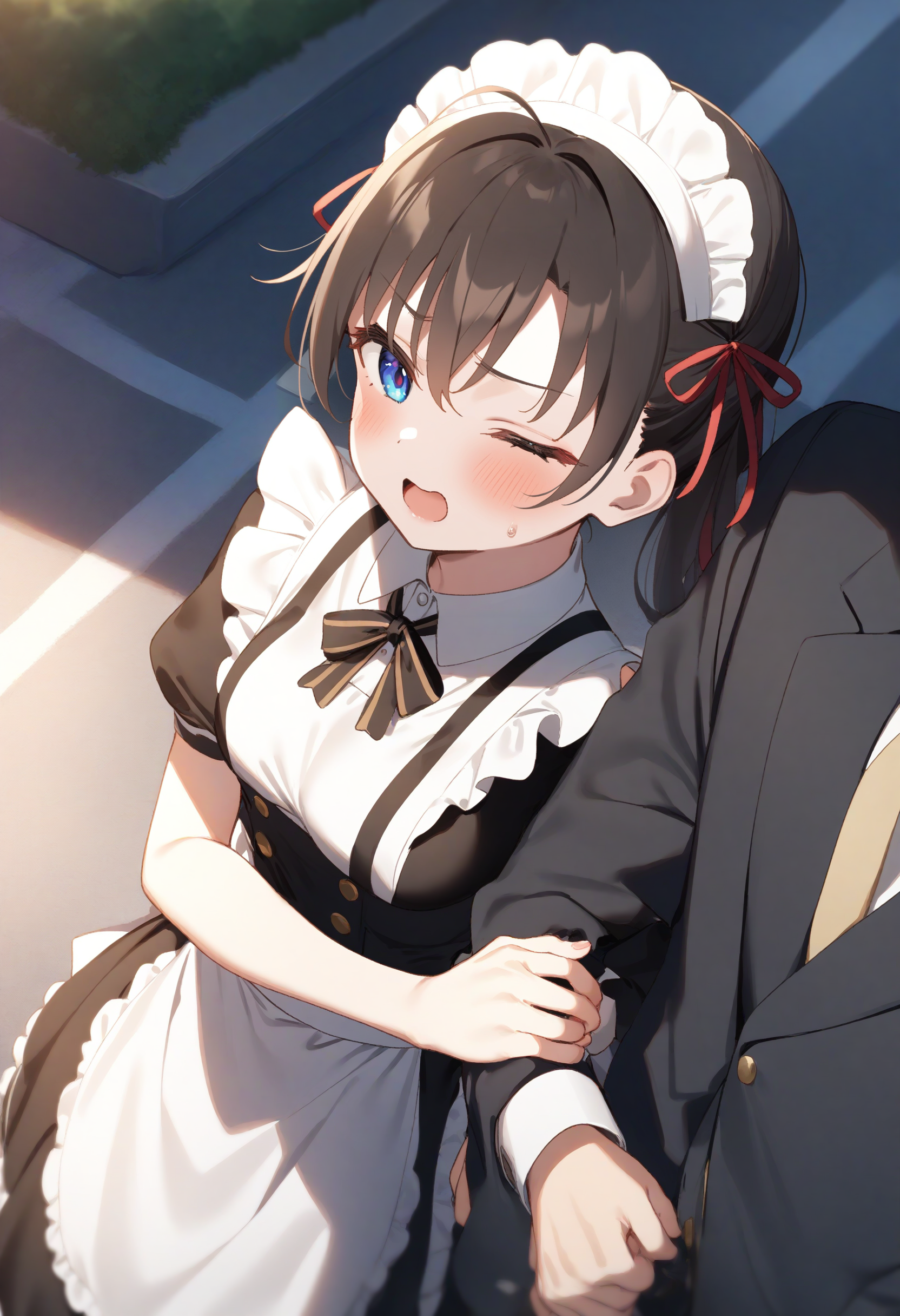 1girl,sincos, ningen mame, toosaka asagi,solo,medium breasts,20yo,maid,maid headdress,
arm hug, solo focus, out of frame, holding another's arm,<lora:armhug_XL_v1:0.7>
from behind, cinematic angle, looking up, wince, in street, open mouth,
best quality, very aesthetic, absurdres