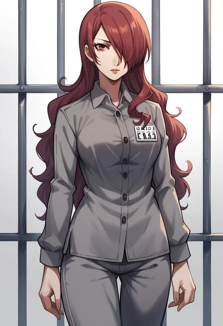 score_9, score_8_up, score_7_up, score_6_up, 1girl, solo, source_anime, BREAK p3mitsuru, 1girl, p3mitsuru, long hair, hair over one eye, Prison clothes, gray uniform, pants, name tag, looking at viewer, cowboy shot, older woman,