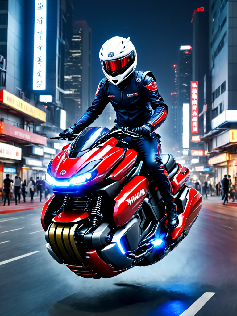 yamaha<lora:Hover_Bike:1> hover_bike, vehicle, red motorcycle wihtout wheels, white helmet, city background, night,