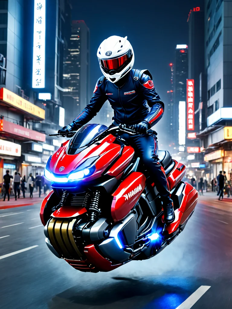 yamaha<lora:Hover_Bike:1> hover_bike, vehicle, red motorcycle wihtout wheels, white helmet, city background, night,