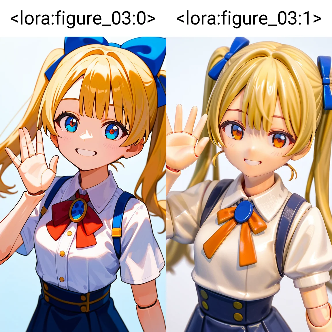 masterpiece,(best quality),highly detailed,ultra-detailed,score_9,score_8_up,score_7_up,source_anime,
1girl,figure,upper body,smile,blonde hair,twintails,doll joints,<lora:figure_03:0>,waving,w arms,