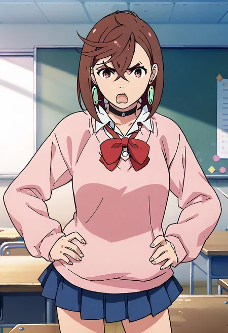 score_9_up, score_8_up, score_7_up, score_6_up, score_5_up, score_4_up, BREAK source_anime, 1girl, solo,
<lora:MomoAyaseXL-v3-07:0.7>, ChopioMomo, brown hair, short hair, hair between eyes, thick eyebrows, red eyes, looking at viewer,
medium breasts, 
outfit_1, earrings, black choker, pink sweater, collared shirt, open collar, red bowtie, loose bowtie, long sleeves, blue skirt, pleated skirt, miniskirt,
classroom, standing, hands on own hips, v-shaped eyebrows, shouting,
