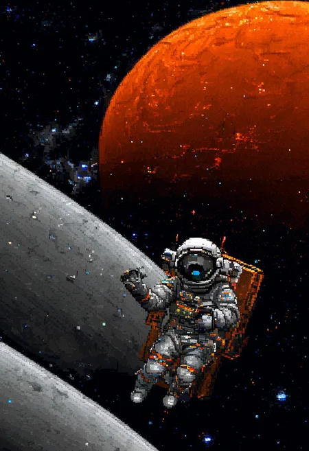 w1ngc0mmander, pixel art,
A determined astronaut in a sleek spacesuit floats near a massive space station orbiting a colorful nebula. Starry background, futuristic technology, helmet reflection, extreme close-up, portrait.