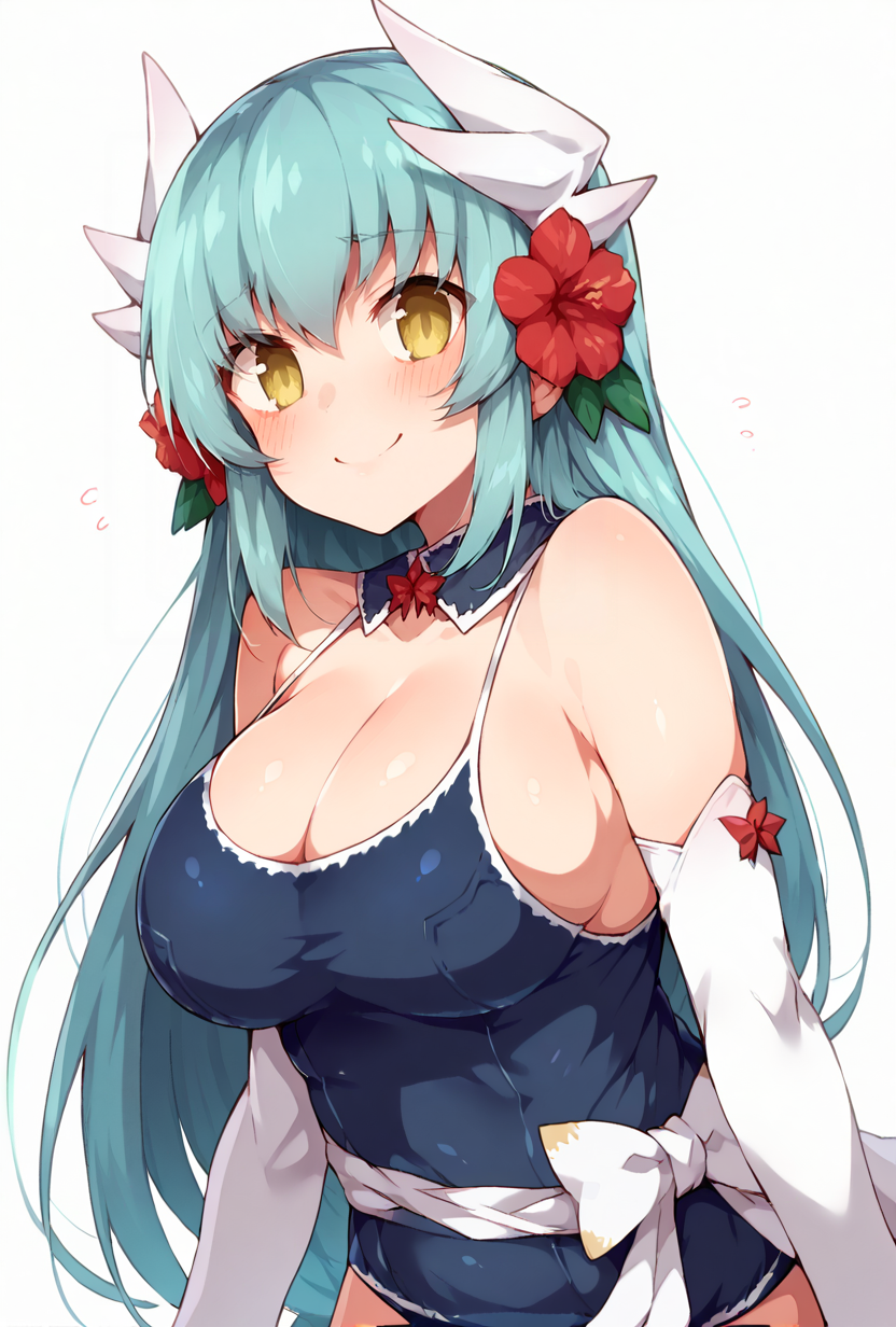 score_9,score_7_up,  <lora:kiyohime_(lancer)_XL_1:1>1girl,  bbkiyo, long hair, aqua hair, white horns, hair flower, red hair flower, yellow eyes, detached collar, cleavage, school swimsuit, blue one-piece swimsuit, elbow gloves, white gloves, white sash, blush, smile,   big breasts, <lora:tottotonero-Style-PonyXL-GLoRA-000049:1>
