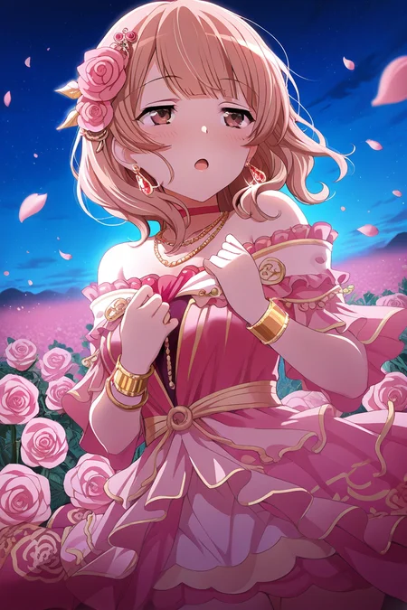 masterpiece, best quality, amazing quality,
<lora:Yuyuko_IL:1> yuyuko, 1girl, jewelry, flower, petals, solo, rose, earrings, bracelet, hair ornament, dress, brown hair, pink rose, brown eyes, necklace, pink flower, bare shoulders, sky, bangs, night, open mouth, blush, choker, blunt bangs