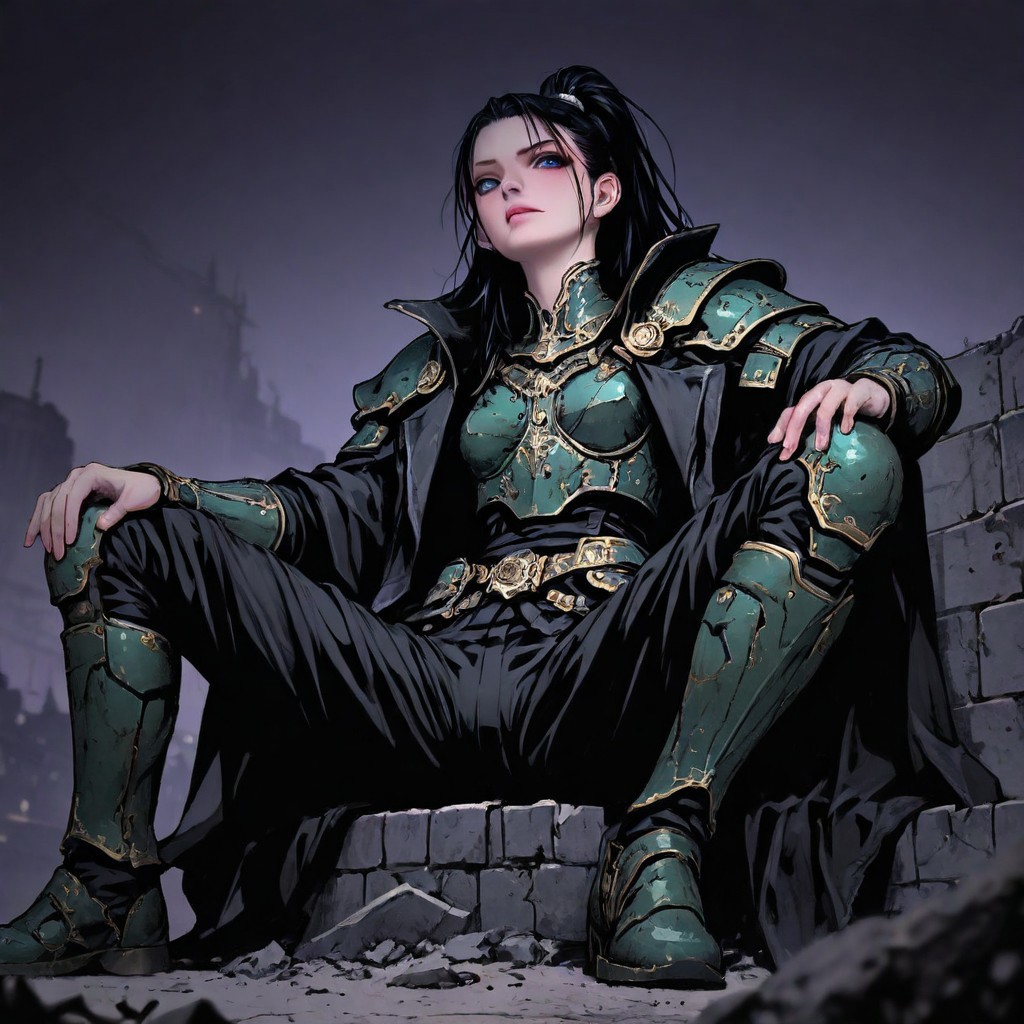 m4gicall1nes, hassaku_illu,sinozick_illu,in the style of cksc,, masterpiece,  depth of field, best quality, amazing quality, very aesthetic,very awa,
1girl, solo, sexy, cute, nordic facial features, 20 years old, 
heavy armor, metal armor, engraved armor, black hair, long hair, high ponytail, wind effect in hair, dark green armor, pale red armor, archaic armor design, massive armor, look at viewer, bright blue eyes, glowign eyes, athletic, thicc,
black uniform over shoulders, military coat design, strict coat,
sits on the broken fundament,leans back against brick wall, spread legs, manly pose, leans on knees, broken sword in the ground, 
hi-tech with fantasy, futurism in magic world, cyberpunk style with warhammer influence, 
dutch angle, epic angle shot, wallpaper, from below, from side,
simple background, dark background, ruined cityscape, fantasy background,
(detailed outfit:1.4), (seamless:1.3), 
dark fantasy, dark dramatic palette, dim lit, contrast lit, shade, dappled moonlight, 
<lora:ck-shadow-circuit-IL:0.6> <lora:illustriousXLv01_stabilizer_v1.121:0.3> <lora:iLLMythM4gicalL1nes:0.35> <lora:HassaKu_style:0.4> <lora:Sinozick_style:0.15>