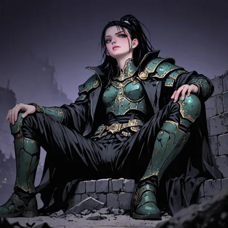 m4gicall1nes, hassaku_illu,sinozick_illu,in the style of cksc,, masterpiece, depth of field, best quality, amazing quality, very aesthetic,very awa,
1girl, solo, sexy, cute, nordic facial features, 20 years old,
heavy armor, metal armor, engraved armor, black hair, long hair, high ponytail, wind effect in hair, dark green armor, pale red armor, archaic armor design, massive armor, look at viewer, bright blue eyes, glowign eyes, athletic, thicc,
black uniform over shoulders, military coat design, strict coat,
sits on the broken fundament,leans back against brick wall, spread legs, manly pose, leans on knees, broken sword in the ground,
hi-tech with fantasy, futurism in magic world, cyberpunk style with warhammer influence,
dutch angle, epic angle shot, wallpaper, from below, from side,
simple background, dark background, ruined cityscape, fantasy background,
(detailed outfit:1.4), (seamless:1.3),
dark fantasy, dark dramatic palette, dim lit, contrast lit, shade, dappled moonlight,
<lora:ck-shadow-circuit-IL:0.6> <lora:illustriousXLv01_stabilizer_v1.121:0.3> <lora:iLLMythM4gicalL1nes:0.35> <lora:HassaKu_style:0.4> <lora:Sinozick_style:0.15>